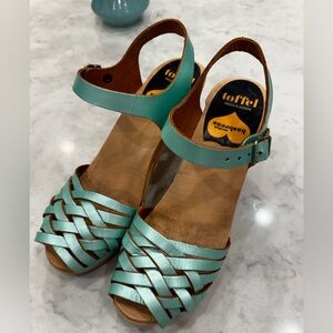 Swedish Hasbeens Turquoise Braided Clog Heels EU 38 | Wood Platform